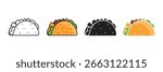 Delicious Taco Icons: Four Variations – Line Art, Filled, and Color Options for Vector.
