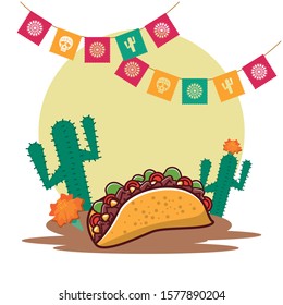 delicious taco mexican food with cactus and garlands vector illustration design