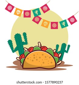 delicious taco mexican food with cactus and garlands vector illustration design