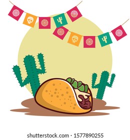 delicious taco mexican food with cactus and garlands vector illustration design