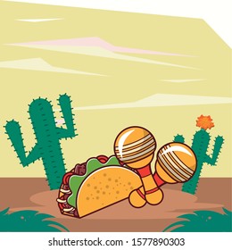 delicious taco mexican food with cactus plants vector illustration design