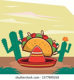 delicious taco mexican food with cactus plants vector illustration design