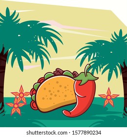 delicious taco mexican food and chili pepper vector illustration design