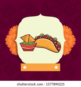 delicious taco mexican food with flowers decoration vector illustration design