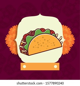 delicious taco mexican food with flowers decoration vector illustration design