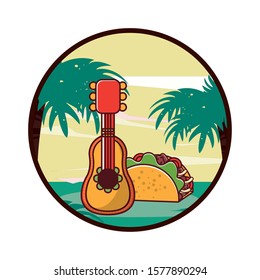 delicious taco mexican food with guitar vector illustration design