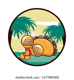 delicious taco mexican food with maracas vector illustration design