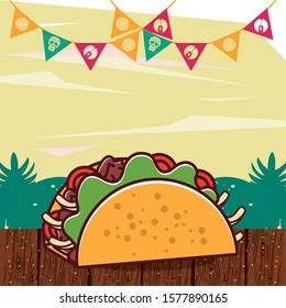 delicious taco mexican food with party garlands vector illustration design