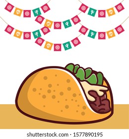 delicious taco mexican food with party garlands vector illustration design