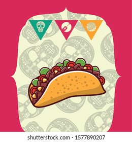 delicious taco mexican food with party garlands vector illustration design