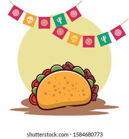 delicious taco mexican food with party garlands vector illustration design