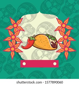 delicious taco mexican food with skulls heads pattern vector illustration design