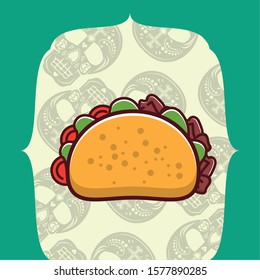 delicious taco mexican food with skulls heads pattern vector illustration design