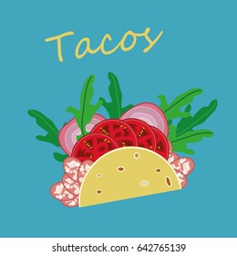 Delicious Taco with Slices of Tomatoes, Sausage, Bow and Rucola Leaves. Vector Illustration