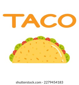 Delicious taco wraps with big inscription "Taco". Flat vector illustration.