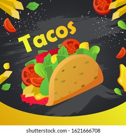 Delicious tacos ad with roasts and french fries background