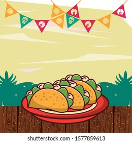 delicious tacos mexican food with garlands vector illustration design