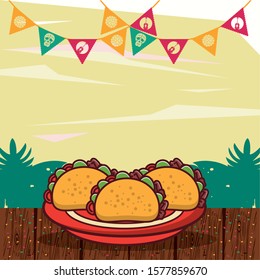 delicious tacos mexican food with garlands vector illustration design