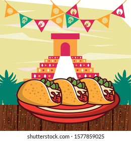 delicious tacos mexican food with mayan pyramid vector illustration design