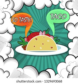 Delicious tacos on a background of cartoon pop art wallpaper. Vector illustration