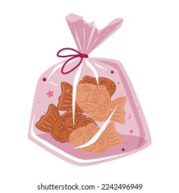 Delicious Taiyaki cookies in a package on a white background. Vector illustration for decoration, postcards, print