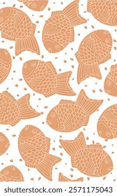 Delicious Taiyaki fish  Japanese food pattern. Asian food. Doodle food sticker