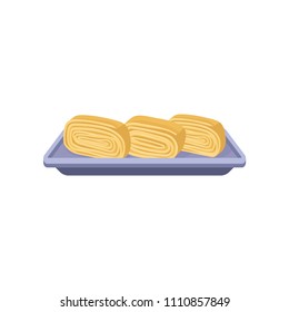 Delicious tamagoyaki rolls on purple rectangular plate. Japanese cuisine. Asian food. Flat vector for menu, recipe book or promo flyer