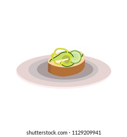 Delicious tapa with cucumber, avocado and pepper. Traditional Spanish snack on plate. Flat illustration for advertising poster, menu or recipe book