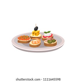 Delicious tapas with different ingredients. Traditional Spanish snacks on plate. Flat vector for advertising poster, menu or recipe book