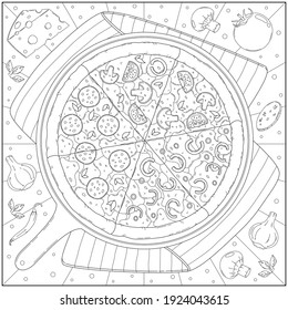 Delicious and tasty cheese pizza with pepperoni and mushroom. Learning and education coloring page illustration for adults and children. Outline style, black and white drawing
