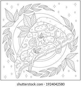 Delicious and tasty cheese pizza slice with herb ornament and decoration. Learning and education coloring page illustration for adults and children. Outline style, black and white drawing
