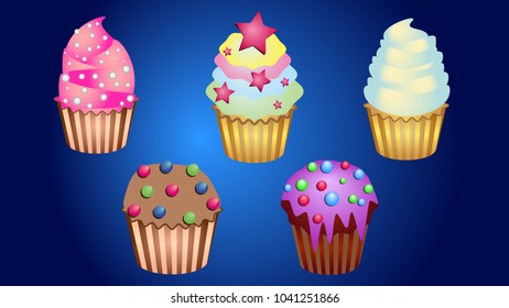 Delicious tasty yummy nice cupcakes and cake with cream and sweets for cooking, cafes, postcards, posters, leaflets, websites