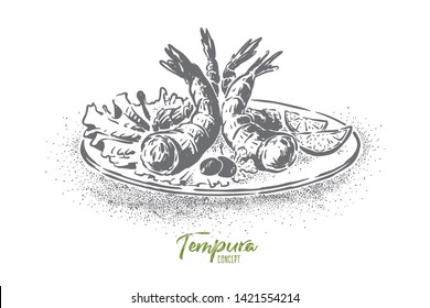 Delicious tempura dish, shrimps cooked in batter and fried in deep fat, tasty appetizer, eastern cooking. Traditional japanese seafood, oriental cuisine concept sketch. Hand drawn vector illustration