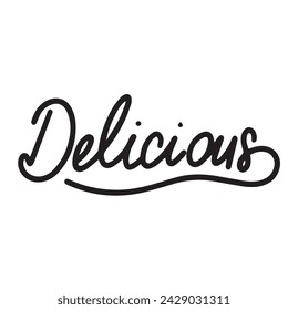 Delicious text banner, minimal. Handwriting inscription, Delicious black color, isolated on white background, square composition. Hand drawn vector art.