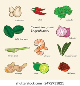 Deliciosos ingredientes de comida tailandesa en el menú tradicional de Tom Yum. Da un sabor picante suave Presentado en formato de ilustración 2D