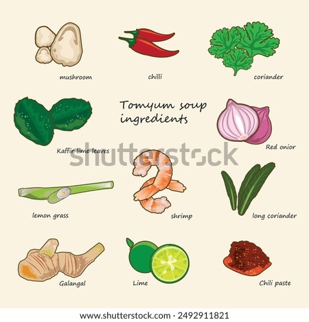 Delicious Thai food ingredients in the traditional Tom Yum menu. Gives a mellow spicy taste Presented in 2D illustration format