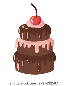 Ein köstlicher dreischichtiger Schokoladenkuchen, der mit rosafarbenen, frostigen Tropfen und einer leuchtend roten Kirsche verziert ist, einzeln auf Weiß.