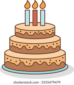 Delicious Three Layered Birthday Cake With Three Candles, Vector Illustration, Isolated on Artboard