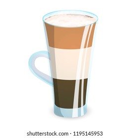 Delicious three layered coffee drink in a transparent cup. An invigorating beverage made of milk and coffee isolated on white background. Vector illustration