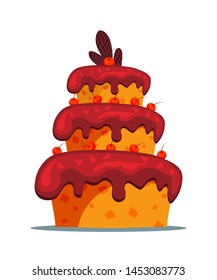 Delicious three tier cake flat vector illustration. Sweet multi layered dainty with creamy icing and cherries. Confectionery, candy shop menu item. Tasty confection, homemade delicacy, bakery product