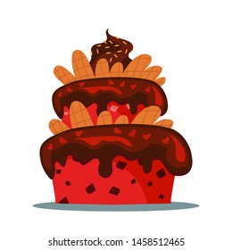 Delicious three tier cake flat vector illustration. Sweet multi layered dainty with creamy icing. Confectionery, candy shop menu item. Tasty confection, homemade delicacy, bakery product