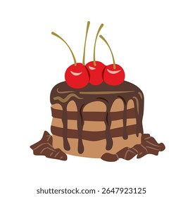A delicious three tiered chocolate cake is topped with cherries and cream, presented on a transparent background and can be used for celebrations and baking related projects.