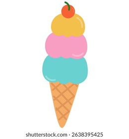 Delicious three-scoop ice cream cone with cherry on top in pastel colors. Fun and bright summer-themed illustration for kids' products, t-shirt designs, menus, posters, and seasonal digital graphics.