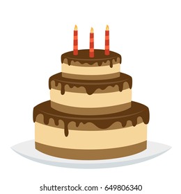 Delicious three-tiered chocolate birthday cake with happy birthday candles isolated on white background. Vector illustration