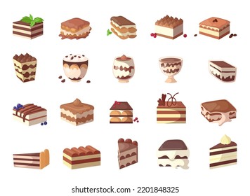 Delicious tiramisu cakes cartoon illustration set. Italian desserts with butter cream, coffee and mascarpone cheese in glasses. Food, cuisine, pastry, restaurant, menu concept