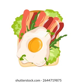 Delicious toast with bacon, fried egg and lettuce. Nutritious breakfast or snack. Vector open sandwich illustration for card, banner, poster, print. Top view fast food design element