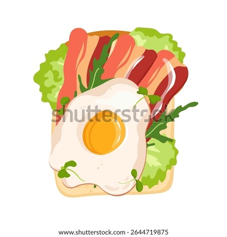 Delicious toast with bacon, fried egg and lettuce. Nutritious breakfast or snack. Vector open sandwich illustration for card, banner, poster, print. Top view fast food design element