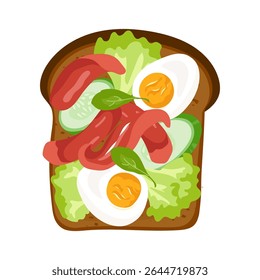 Delicious toast with boiled egg and sausages, cucumber and lettuce Nutritious breakfast or snack. Vector open sandwich illustration for card, banner, poster, print. Top view food design element