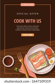 Delicious toast with a boiled egg and spices on a wooden table. Healthy breakfast. Flyer page template, web banner.