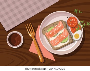Delicious toast with a boiled egg and spices on a wooden table. Healthy breakfast.